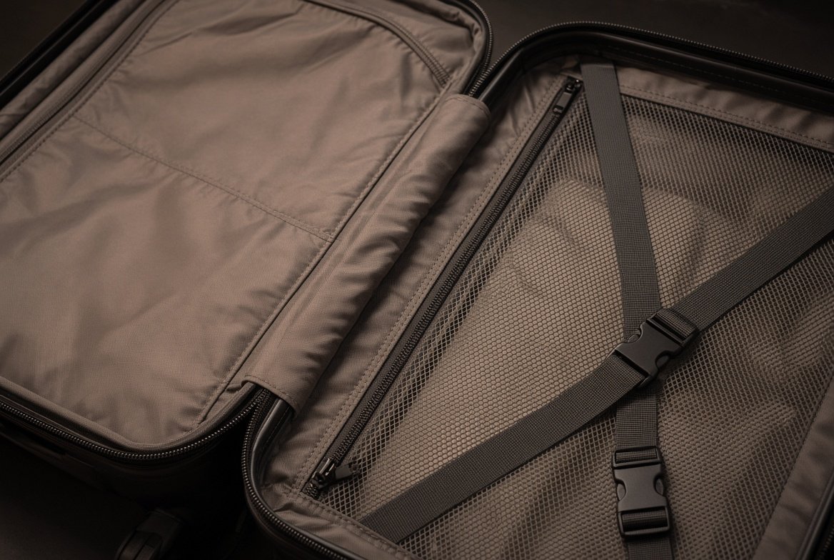Open cabin luggage case showing interior lining, mesh divider and compression straps