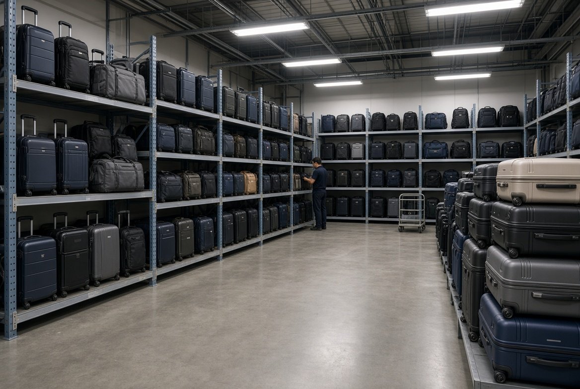 SBI Wholesale showroom in Singapore with rows of luggage and travel bags