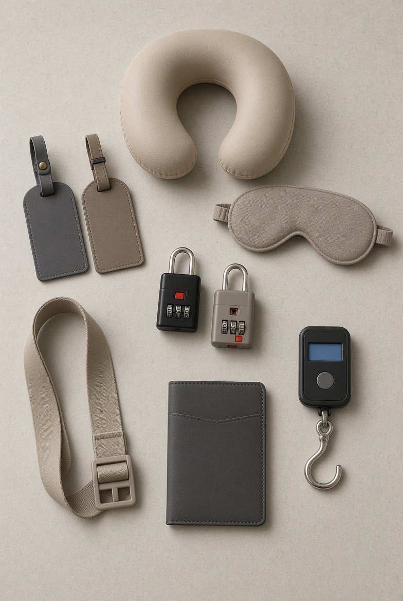Travel accessories including luggage tags, locks and passport holders flat lay