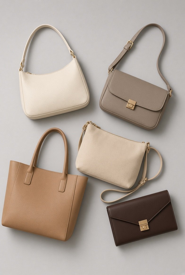 Handbags and totes arranged flat lay style