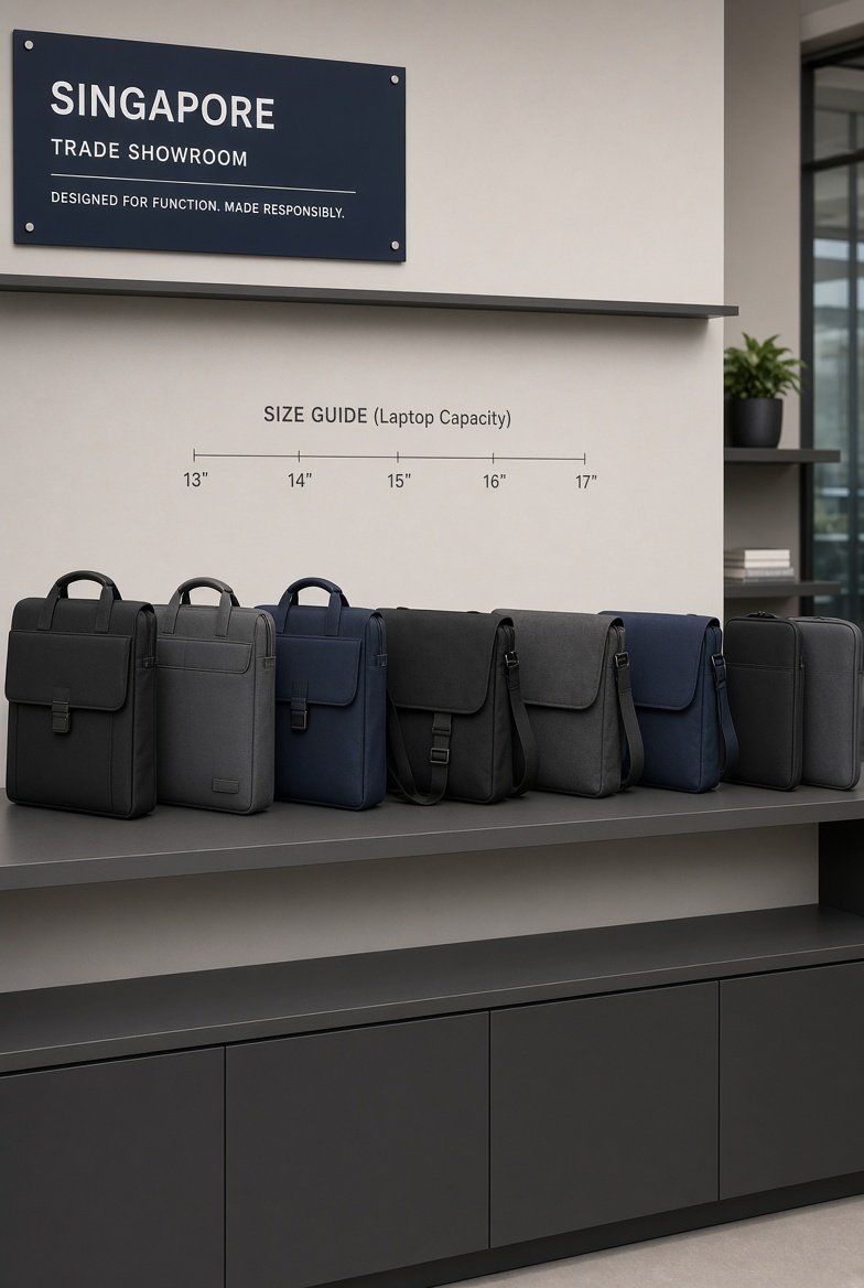 Laptop and business bags arranged on a shelf
