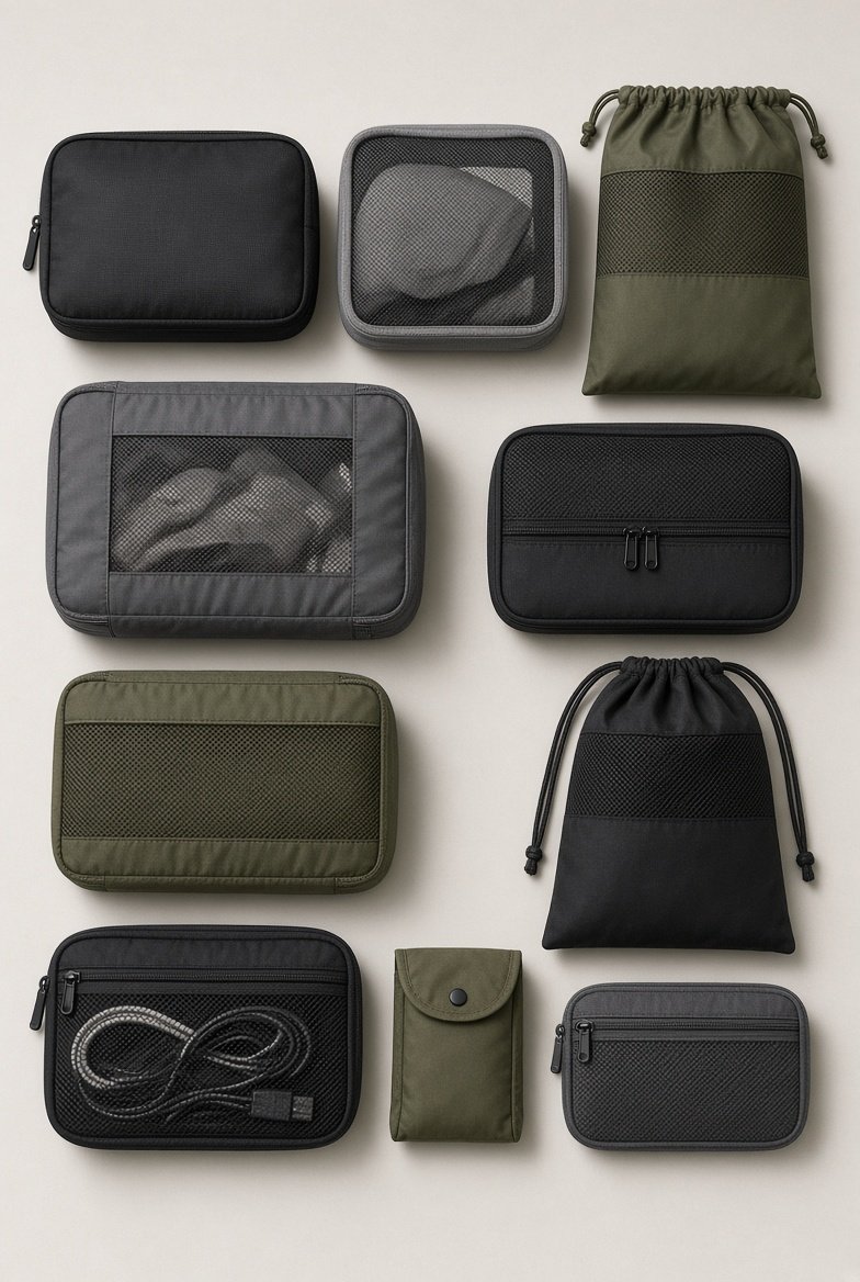 Pouches and travel organisers laid out on a counter